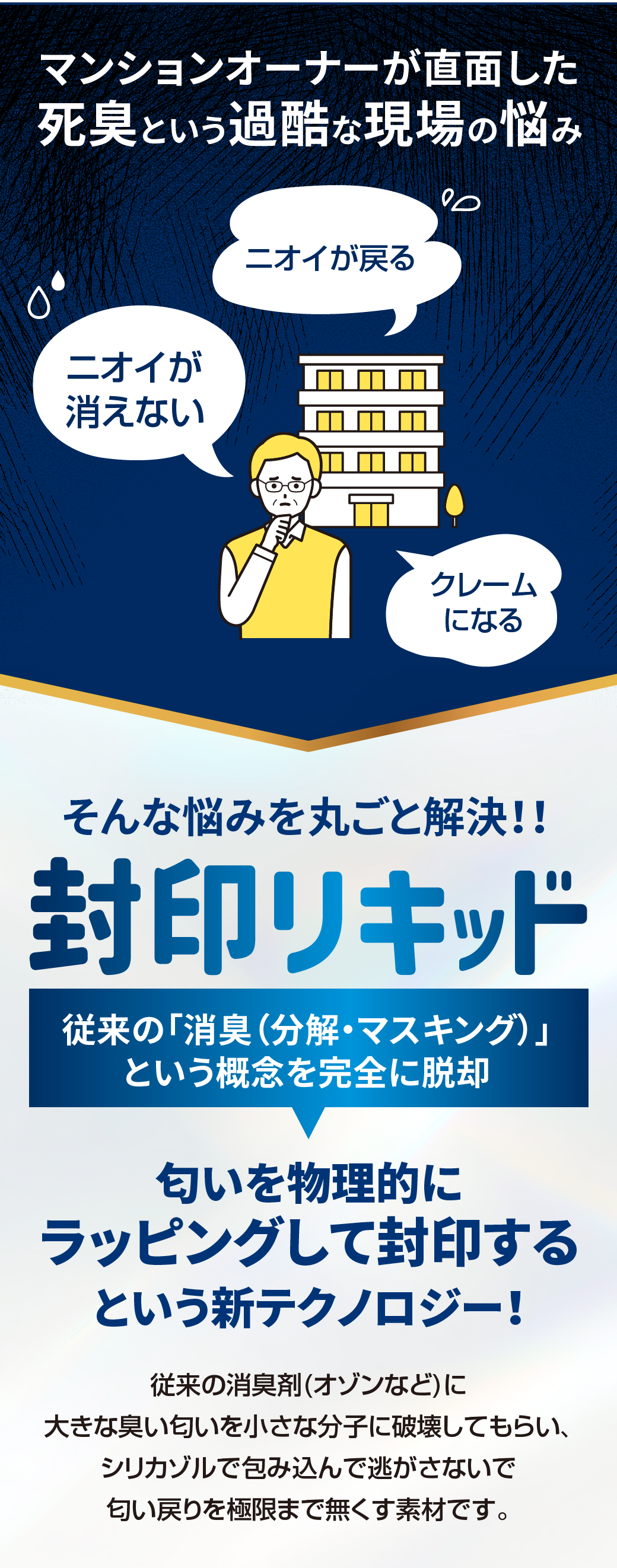 マンションオーナーが直面した死臭という過酷な現場の悩み そんな悩みを丸ごと解決！！封印リキッド　従来の「消臭（分解・マスキング）」という概念を完全に脱却匂いを物理的にラッピングして封印するという新テクノロジー！ 従来の消臭剤(オゾンなど)に大きな臭い匂いを小さな分子に破壊してもらい、シリカゾルで包み込んで逃がさないで匂い戻りを極限まで無くす素材です。